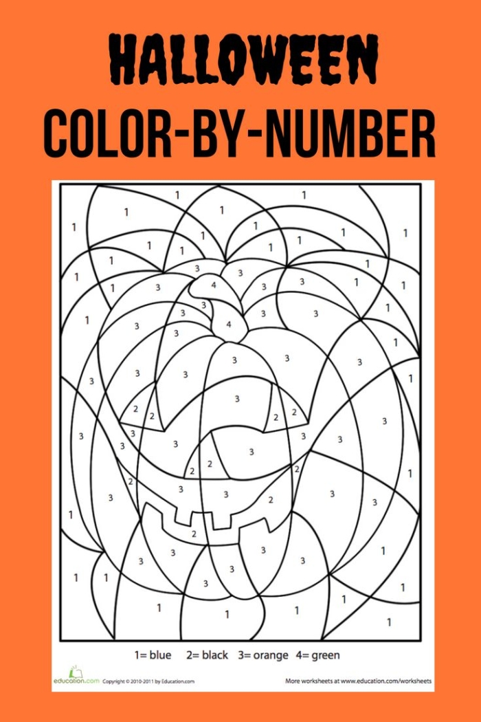 Halloween color-by-number worksheet featuring a spooky hidden image for kids to color. Fun Halloween-themed activity for Pre-K students to enhance their measurement skills.