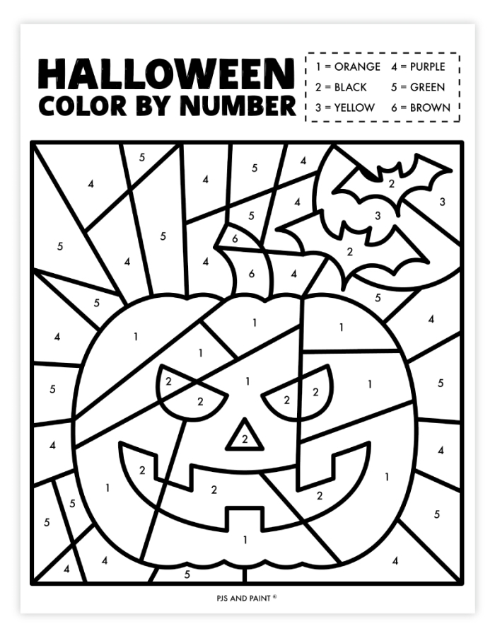 Halloween color-by-number worksheet featuring a hidden spooky image for kids to color. Discover the mystery lurking in the numbers with this fun Pre-K activity.