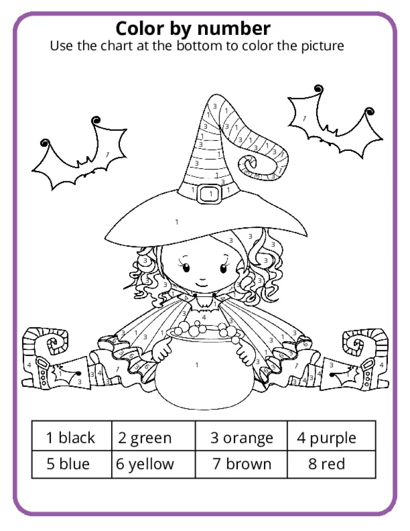 Halloween color-by-number worksheet featuring a spooky hidden picture for kids