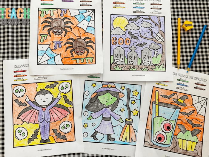 Halloween color-by-number worksheet featuring a spooky hidden image for kids to discover. Engaging Halloween color-by-number activity for Pre-K measurement skills.