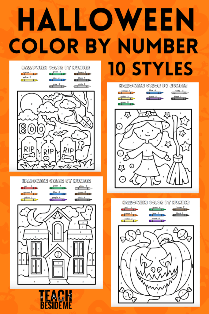 Halloween color-by-number worksheet featuring a spooky hidden image for kids to color. Fun Halloween activity for Pre-K students to explore measurement concepts.