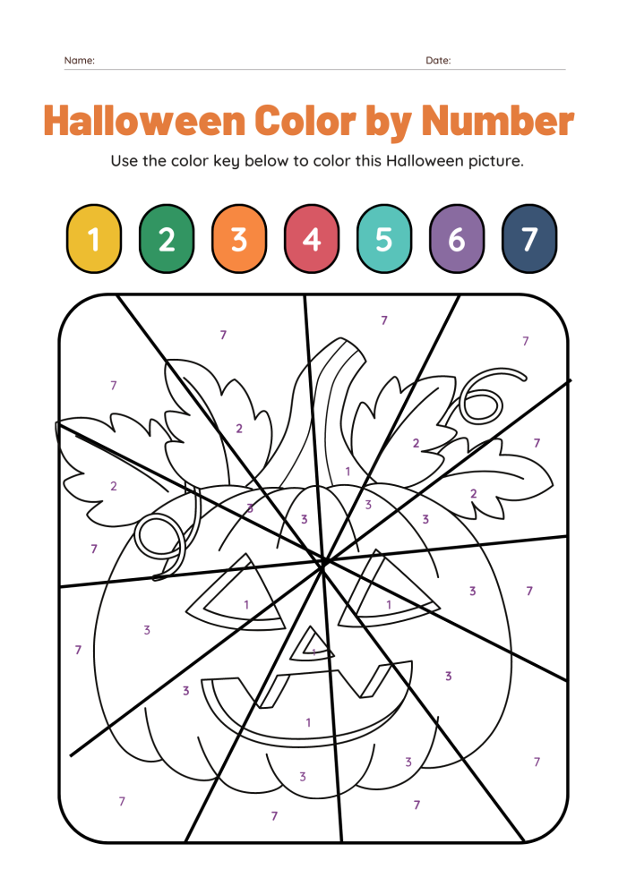 Halloween color-by-number worksheet featuring a spooky hidden image for kids to color