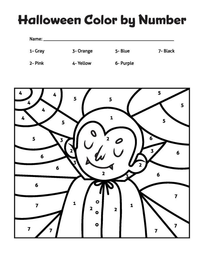 Halloween color-by-number worksheet featuring a spooky hidden image for preschoolers