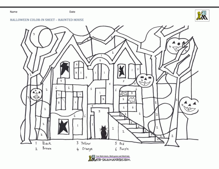 Halloween color-by-number worksheet featuring a spooky hidden image for kids to discover. Color this fun Halloween activity to unveil the surprise within the numbers.