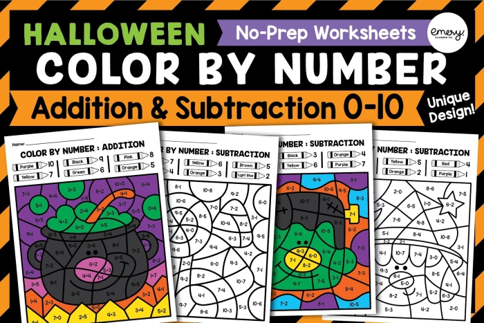 Halloween color-by-number worksheet featuring a spooky hidden picture for preschoolers