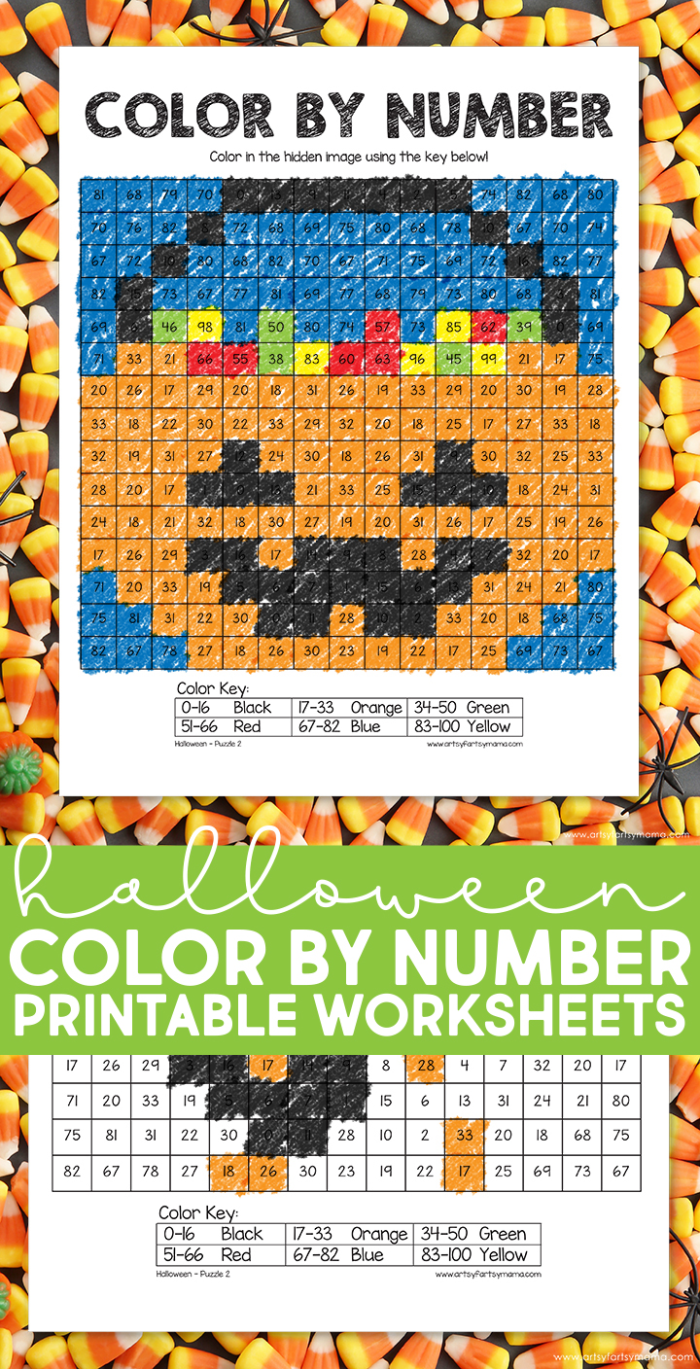 Halloween color-by-number worksheet featuring a spooky hidden image for kids to color. Color this fun Halloween worksheet to discover the secret picture within the numbers.