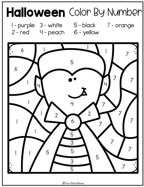 Halloween color-by-number worksheet featuring a mysterious spooky image to color