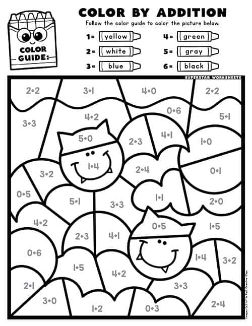 Halloween color-by-number worksheet featuring a spooky hidden image for kids to color. Discover the hidden picture by coloring the numbers in this fun Pre-K activity.