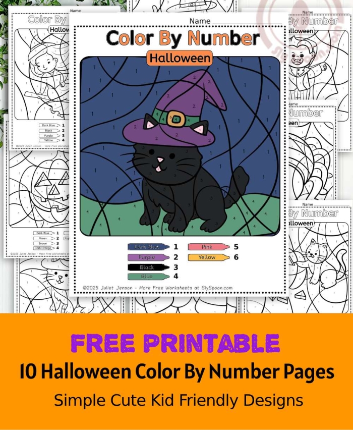 Spooky Halloween color-by-number worksheet featuring a hidden picture for preschoolers