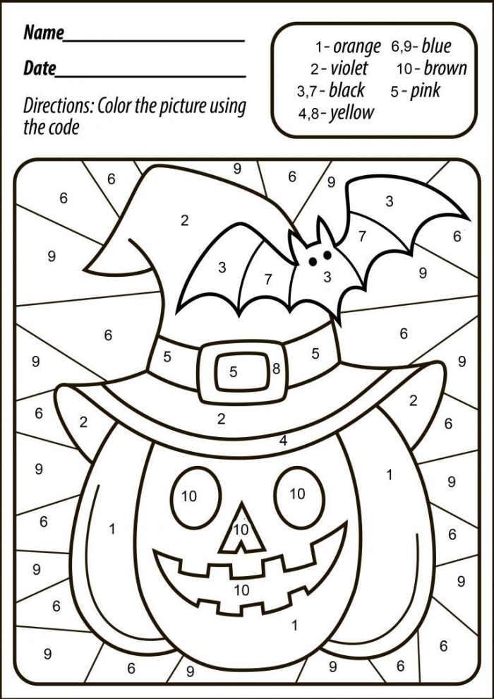 Spooky Halloween color-by-number worksheet featuring a hidden picture for kids to discover