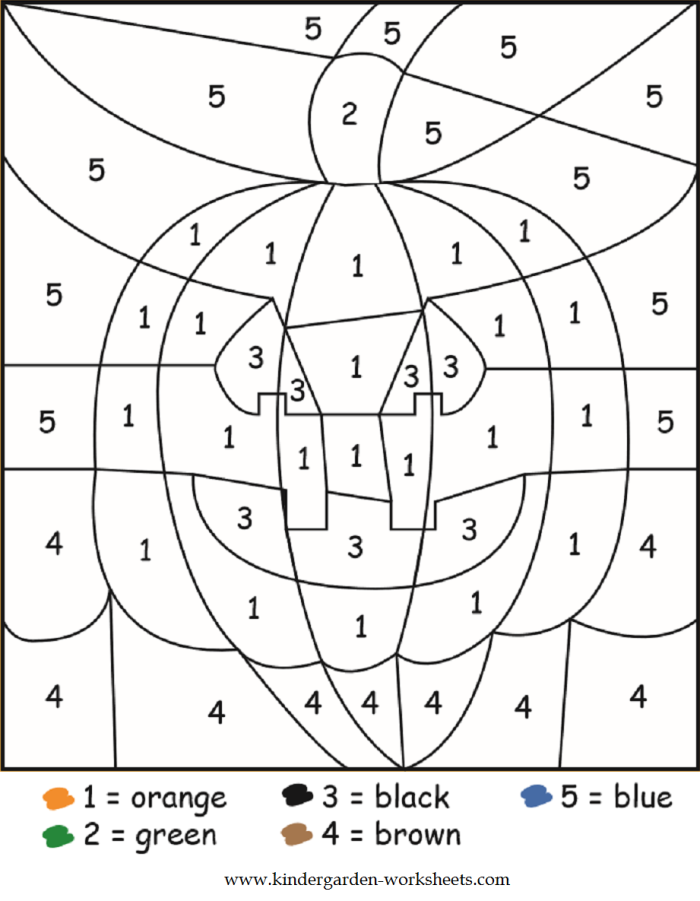 Spooky Halloween color-by-number worksheet for pre-K students featuring a hidden picture