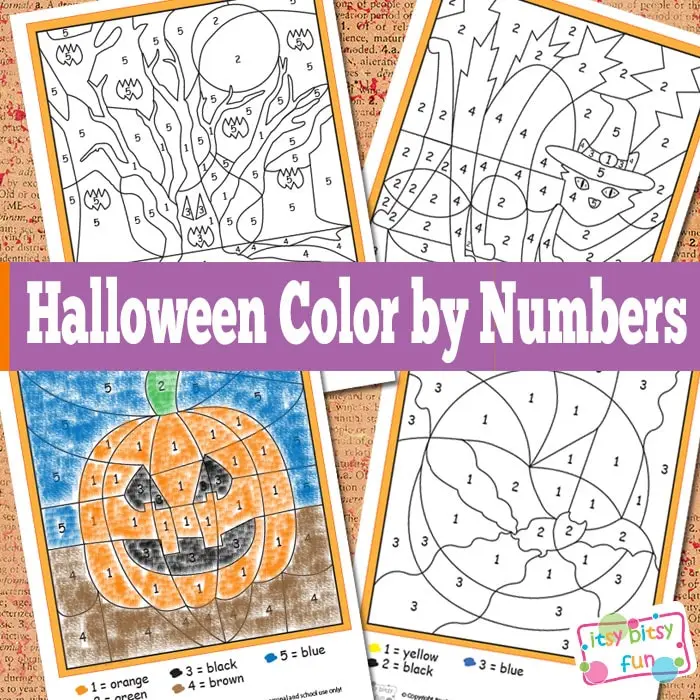 Halloween color-by-number worksheet featuring a hidden spooky image to color