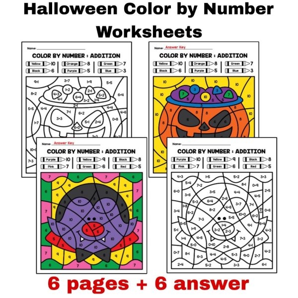 Halloween color-by-number worksheet featuring a spooky hidden picture for kids to color. Fun Halloween-themed coloring activity for Pre-K students to enhance measurement skills.