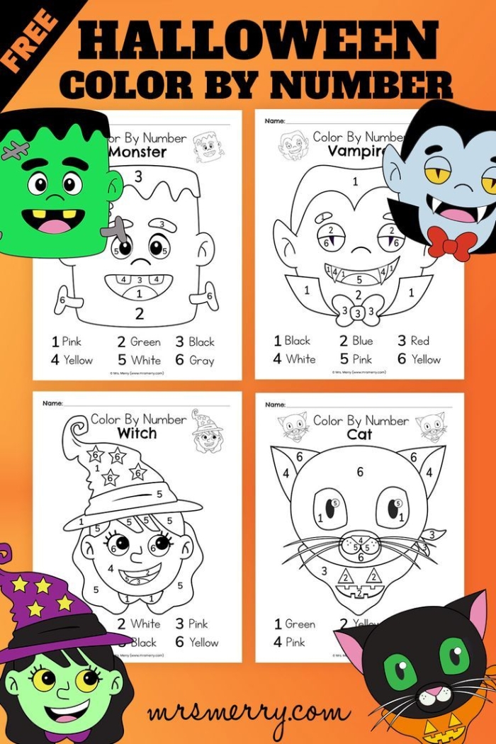 Halloween color-by-number worksheet featuring a hidden spooky picture for kids to color