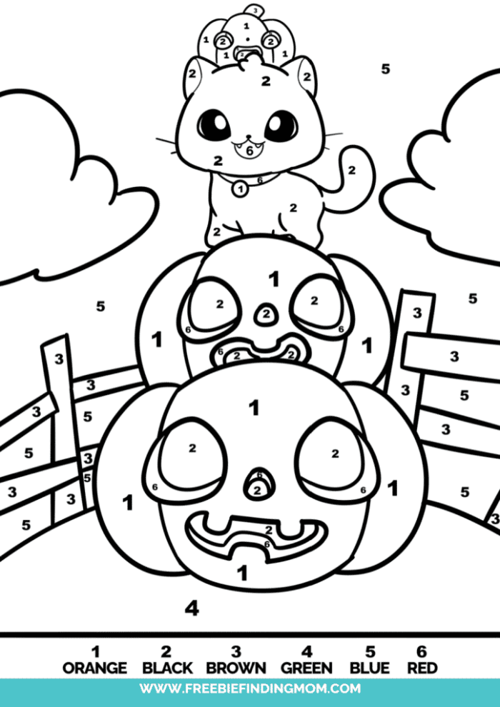 Halloween color-by-number worksheet featuring a hidden spooky image for kids to color. Engaging Halloween color-by-number activity for Pre-K students to discover a surprise picture.