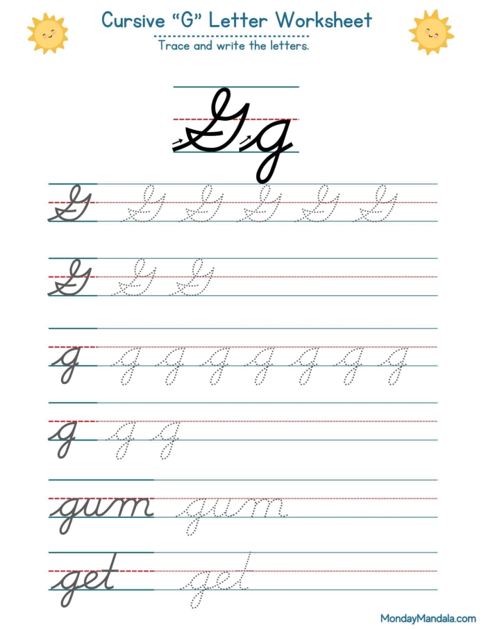 Third Grade cursive G practice worksheet for improving handwriting skills