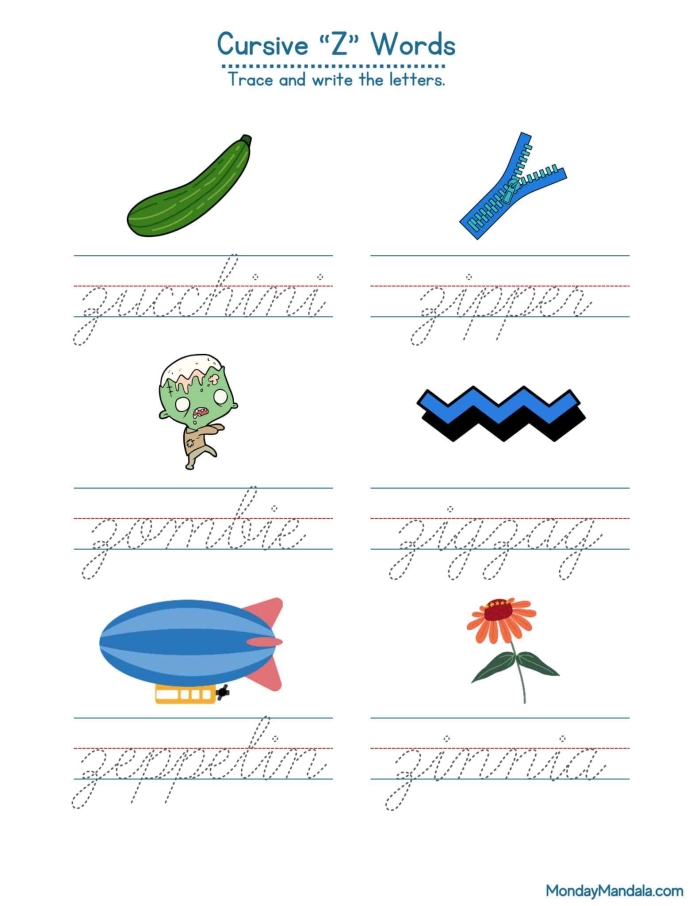 Practice writing uppercase and lowercase cursive Z with Zach and a zoo zebra on this worksheet 23 Third grade cursive Z worksheet featuring Zach and a zebra for handwriting practice