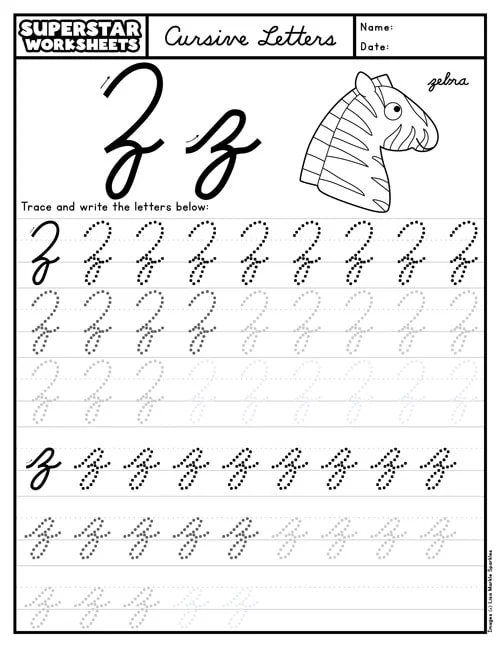 Practice writing capital and lowercase cursive Z with Zach and a zebra in this third grade worksheet Third grade cursive Z worksheet featuring Zach and a zoo zebra for handwriting practice