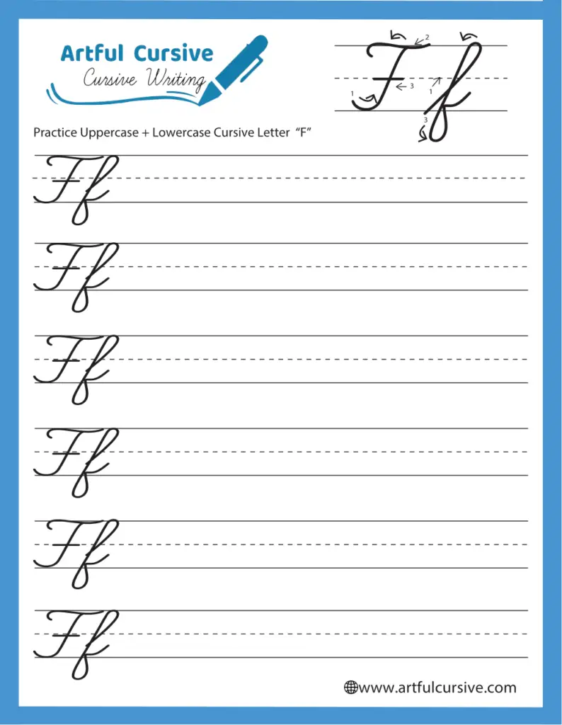 Worksheet for mastering the cursive letter F in third grade writing skills Third Grade cursive F practice worksheet for handwriting improvement