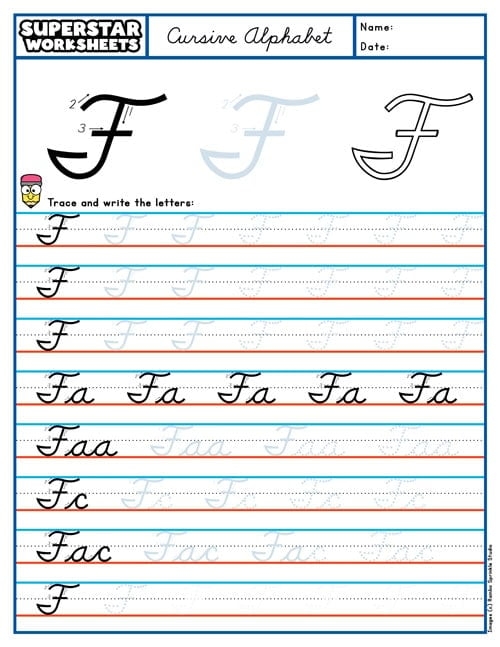 Practice writing the cursive letter F with this helpful third grade sheet Third grade cursive F worksheet showing practice lines for handwriting