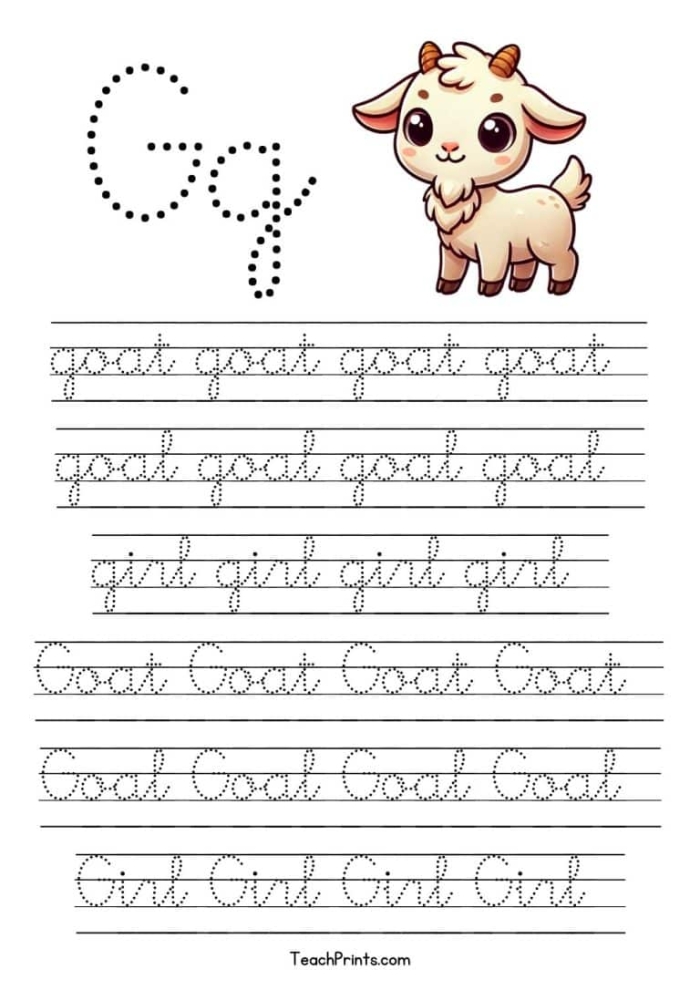 Third Grade cursive G practice worksheet for improving handwriting skills