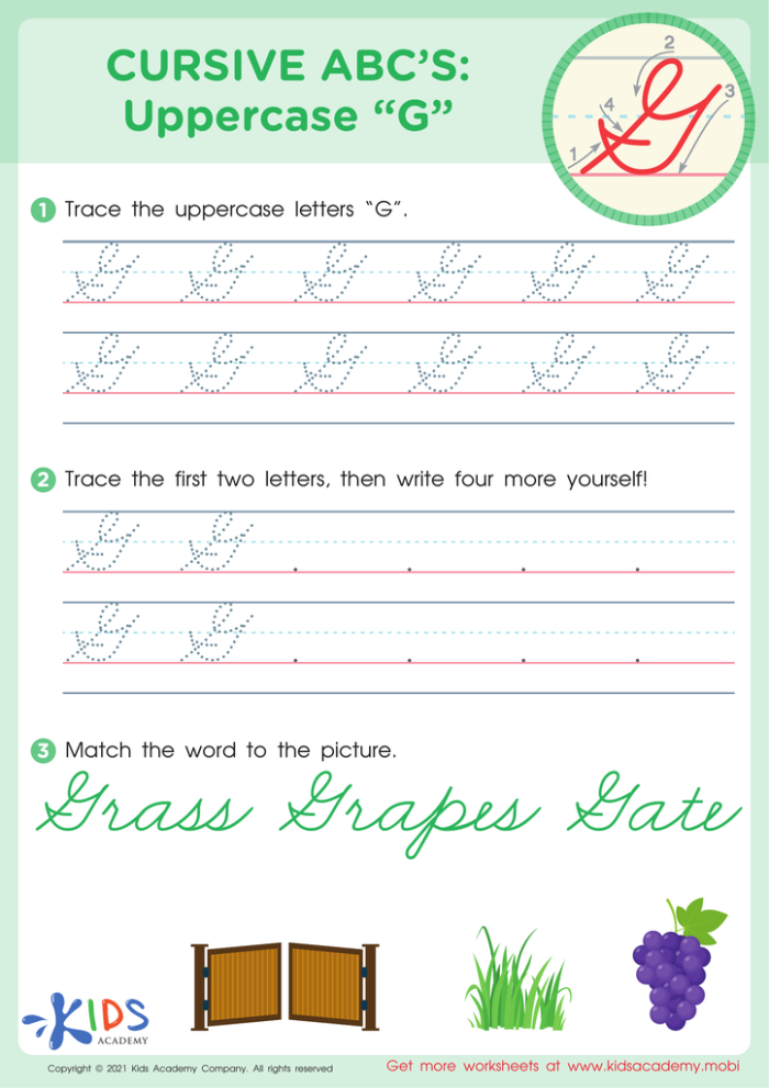 Third grade cursive G worksheet for practicing handwriting skills