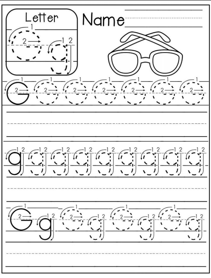 Third Grade cursive G practice worksheet for improving handwriting skills