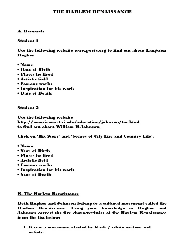 Fun Printable Harlem Renaissance Worksheets for Third Grade