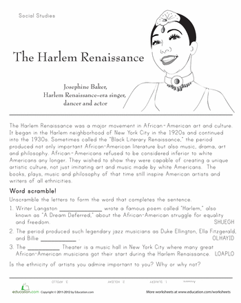 Worksheet titled Ideas of The Harlem Renaissance for young learners exploring cultural history Third grade phonics worksheet about the Harlem Renaissance and its influential artists