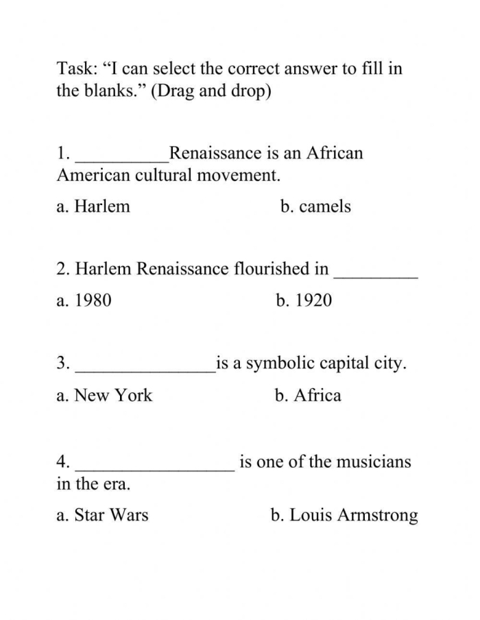 Worksheet titled Ideas of The Harlem Renaissance for third graders focusing on cultural learning and famous figures Third grade phonics worksheet exploring key concepts of the Harlem Renaissance and notable artists