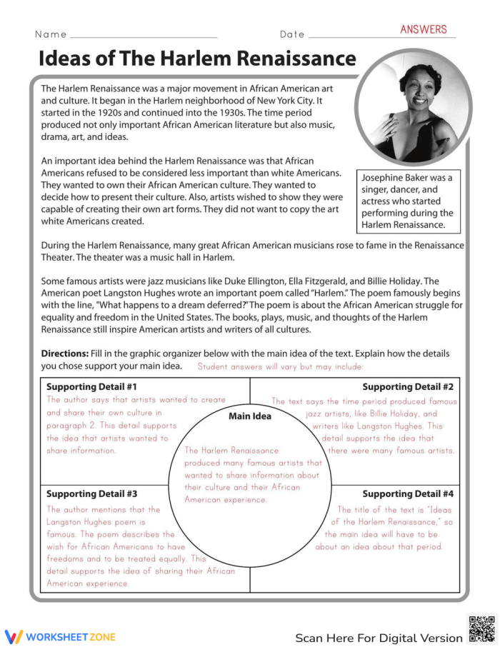 Worksheet image number eight highlighting Harlem Renaissance cultural themes for kids Third grade phonics worksheet exploring key ideas and artists of the Harlem Renaissance