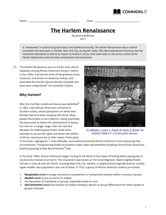 Phonics activity focused on the Harlem Renaissance for young learners, image 7 Third Grade worksheet exploring key figures and concepts of the Harlem Renaissance
