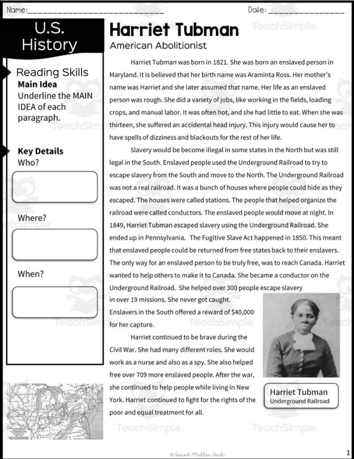 Image title featuring Harriet Tubman, an inspiring figure in American history ALT text for Harriet Tubman worksheet illustrating her dedication to helping others