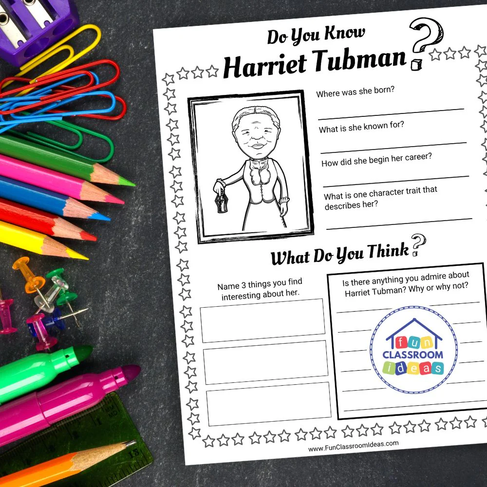 Worksheet featuring Harriet Tubman, an inspiring figure in American history Harriet Tubman worksheet for third graders focusing on time and money concepts