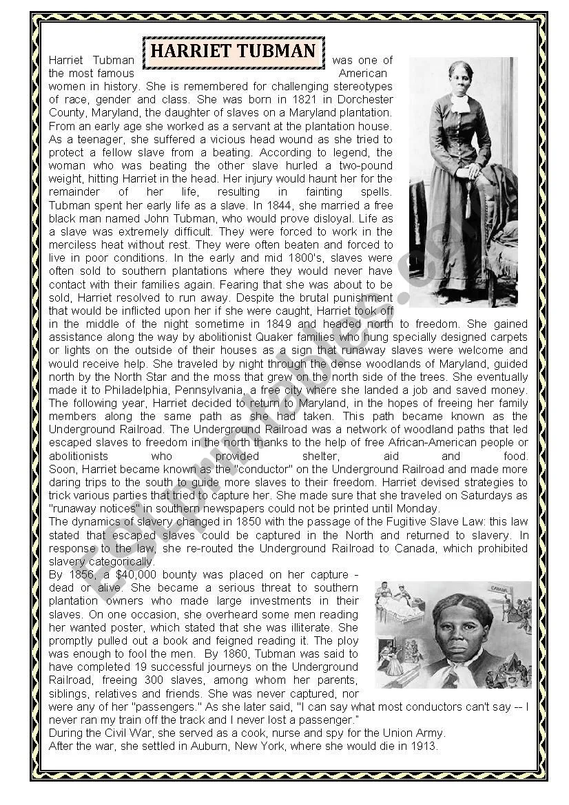 Explore the life and legacy of Harriet Tubman in this engaging educational activity Harriet Tubman worksheet designed for third graders focusing on time and money concepts