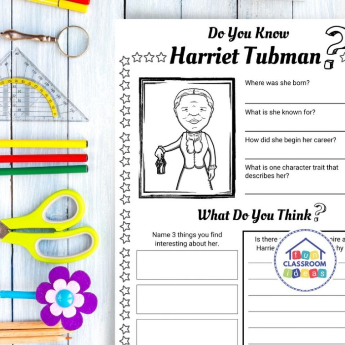 Illustration of Harriet Tubman, an inspiring figure dedicated to helping others Harriet Tubman worksheet for third graders focusing on time and money concepts