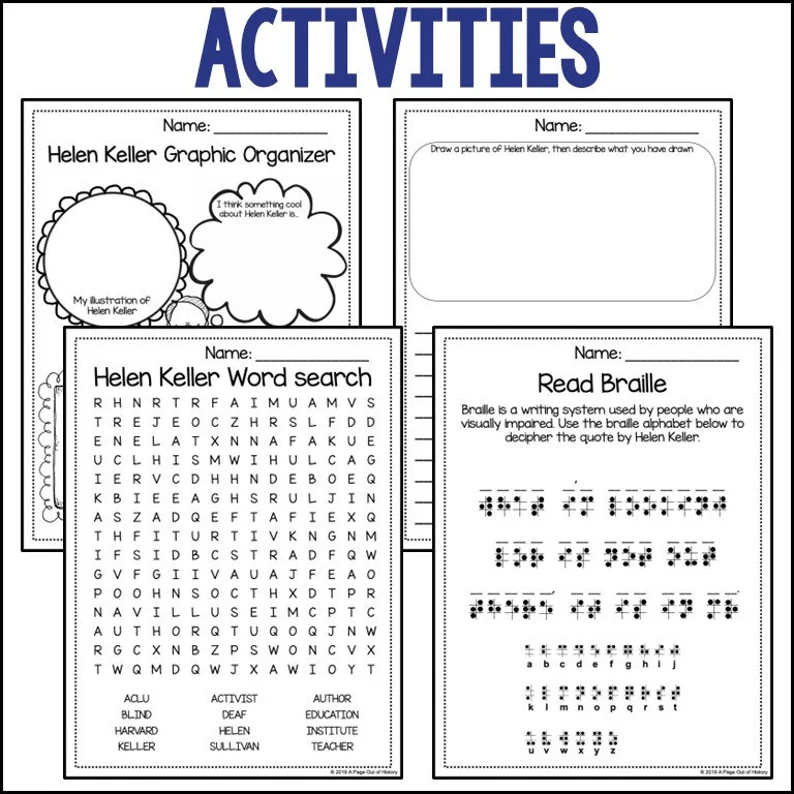 Helen Keller biography worksheet for third grade students