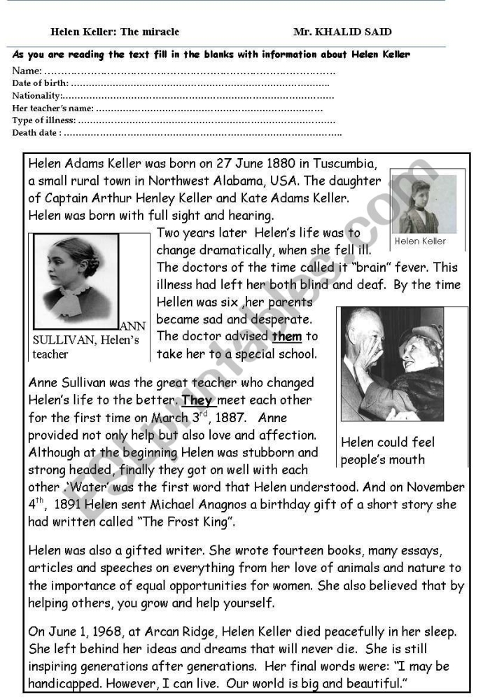 Helen Keller Biography worksheet for third graders featuring reading and reflection activities