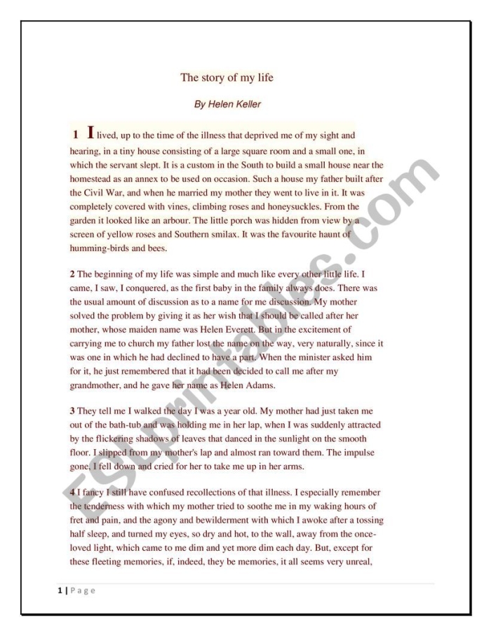 Helen Keller Biography worksheet for third-grade students
