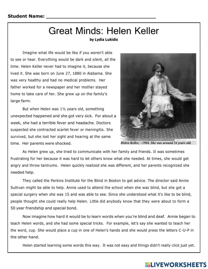 Worksheet featuring a biography of Helen Keller for third-grade students