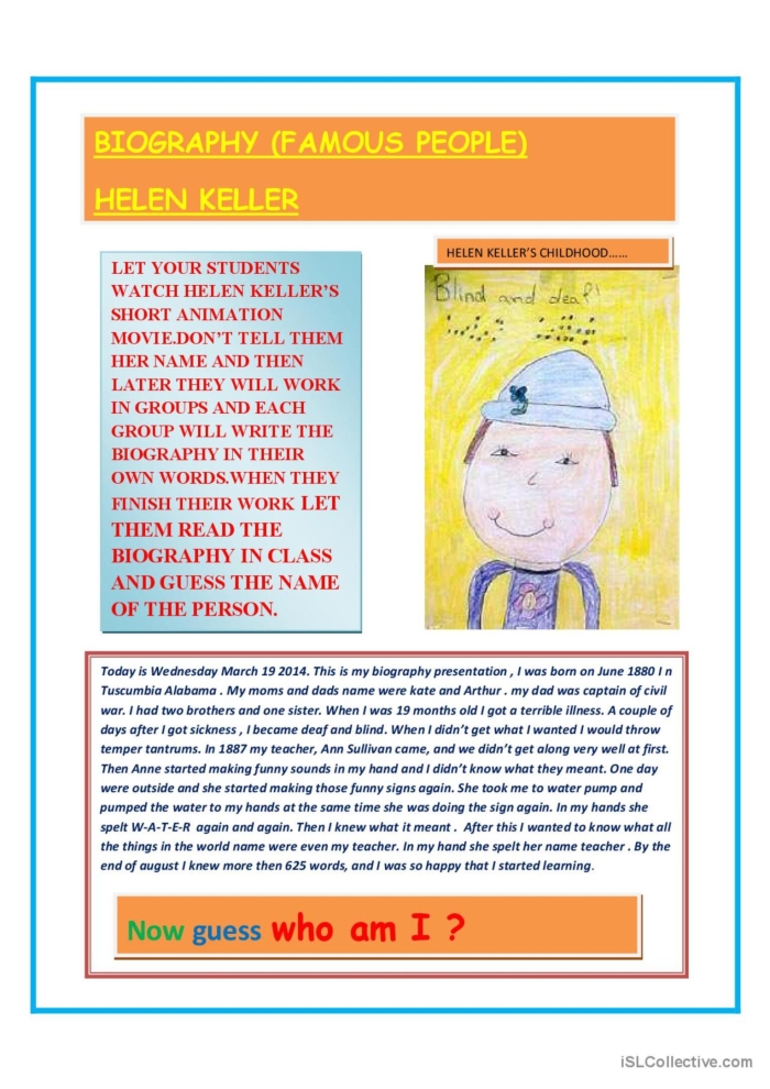 Worksheet featuring a biography of Helen Keller for third-grade students