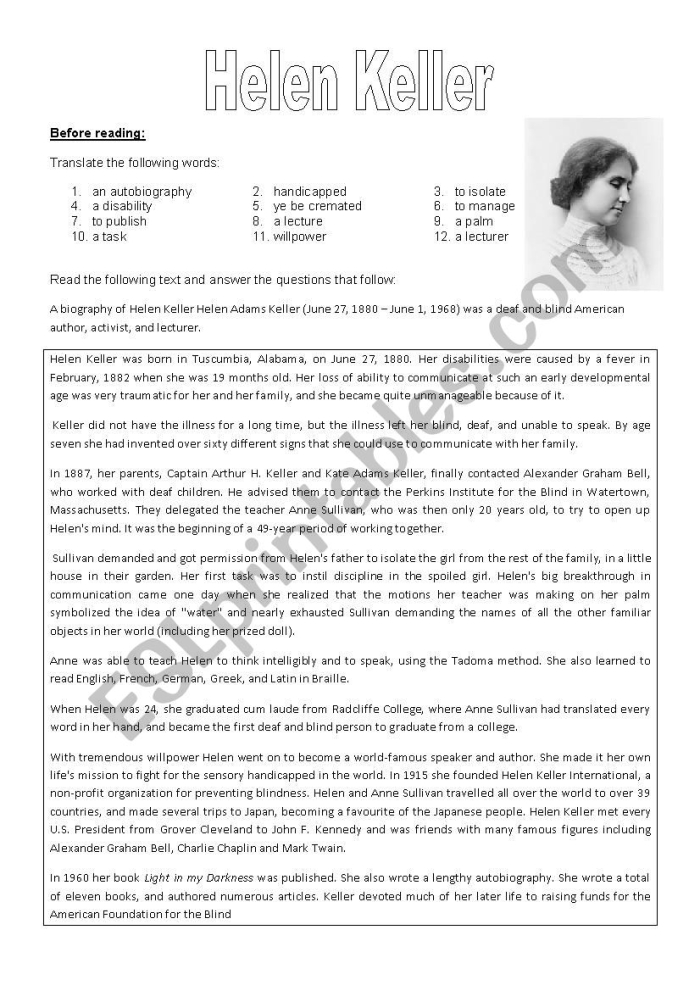 Helen Keller Biography worksheet for third graders with reading and reflection prompts