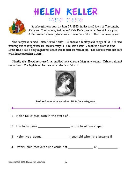 Helen Keller worksheet for third grade focusing on identifying key supporting details