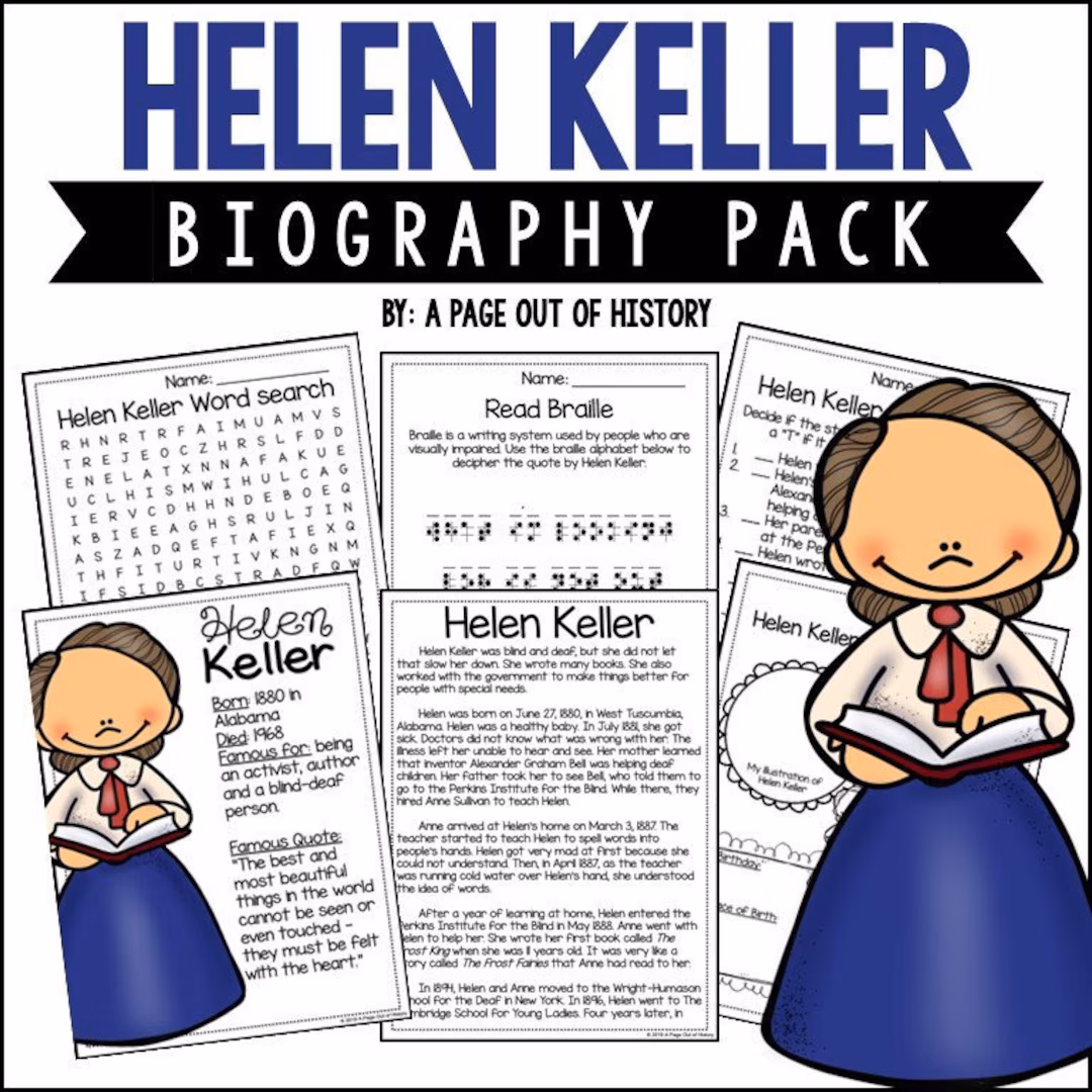 Helen Keller biography worksheet for third graders featuring reading and reflection activities