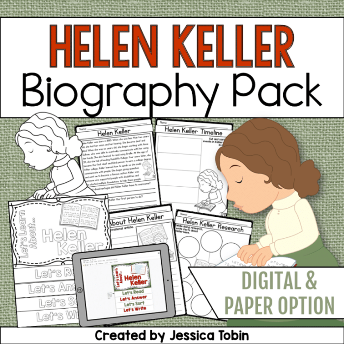 Helen Keller Biography worksheet for third grade students with reading and reflection prompts