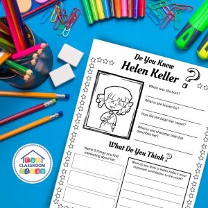 Third grade worksheet on important supporting details featuring Helen Keller