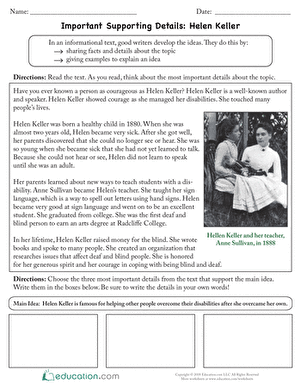 Third grade worksheet focusing on identifying key supporting details about Helen Keller