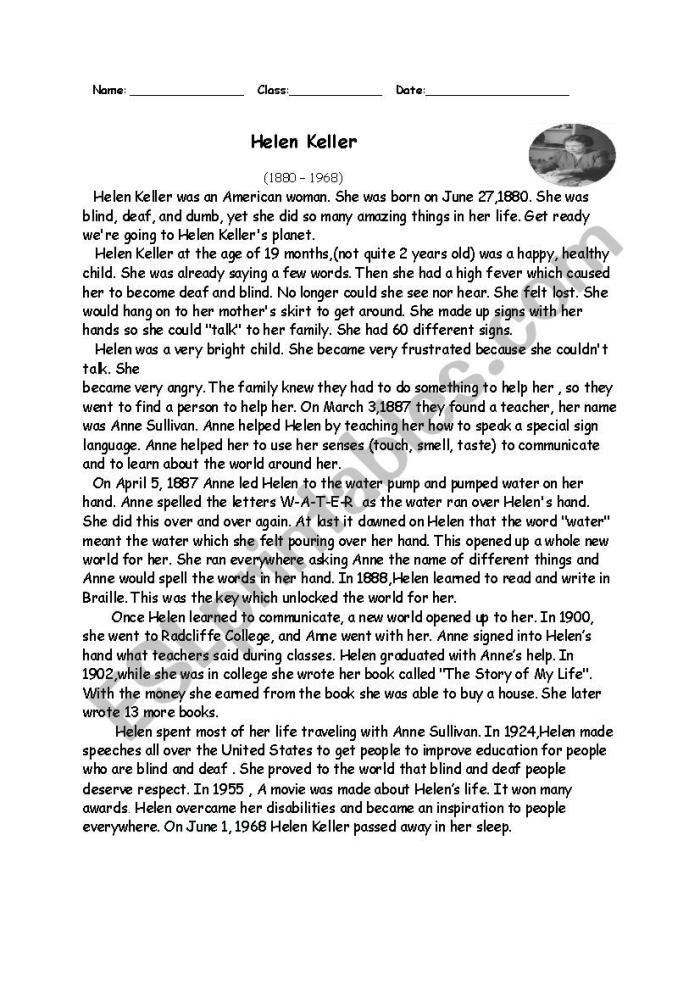 Helen Keller biography worksheet for third graders with reading and reflection prompts