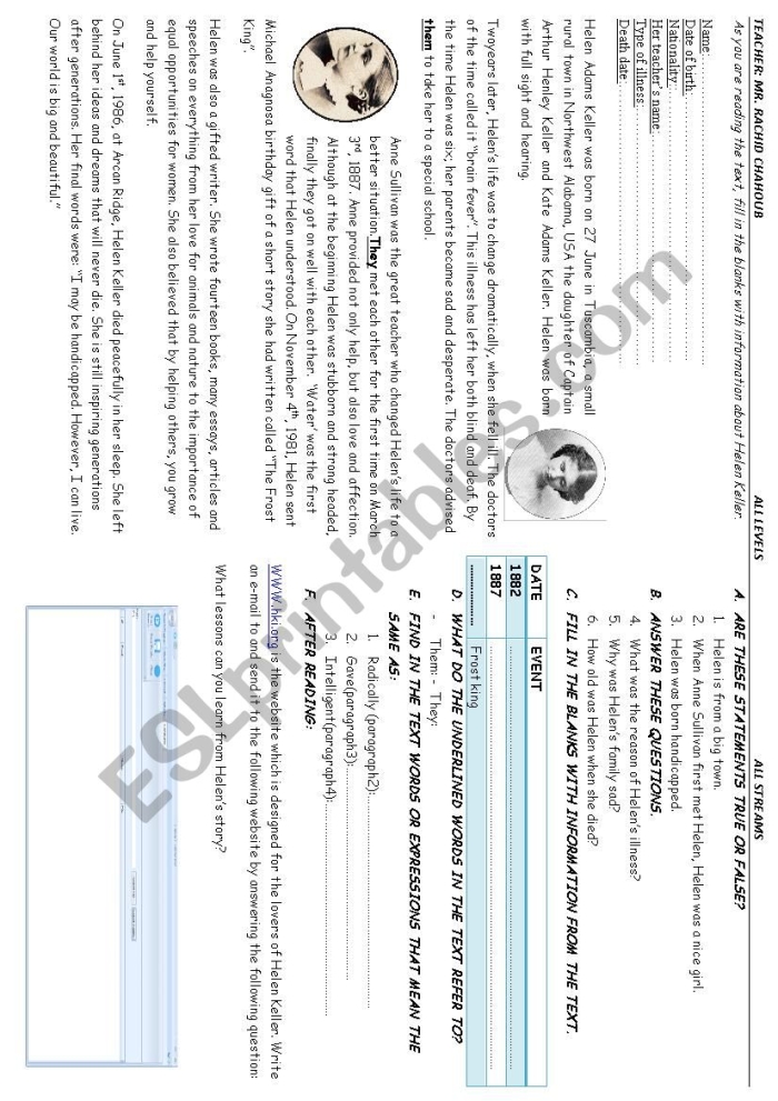 Helen Keller biography worksheet for third graders with reading and reflection prompts