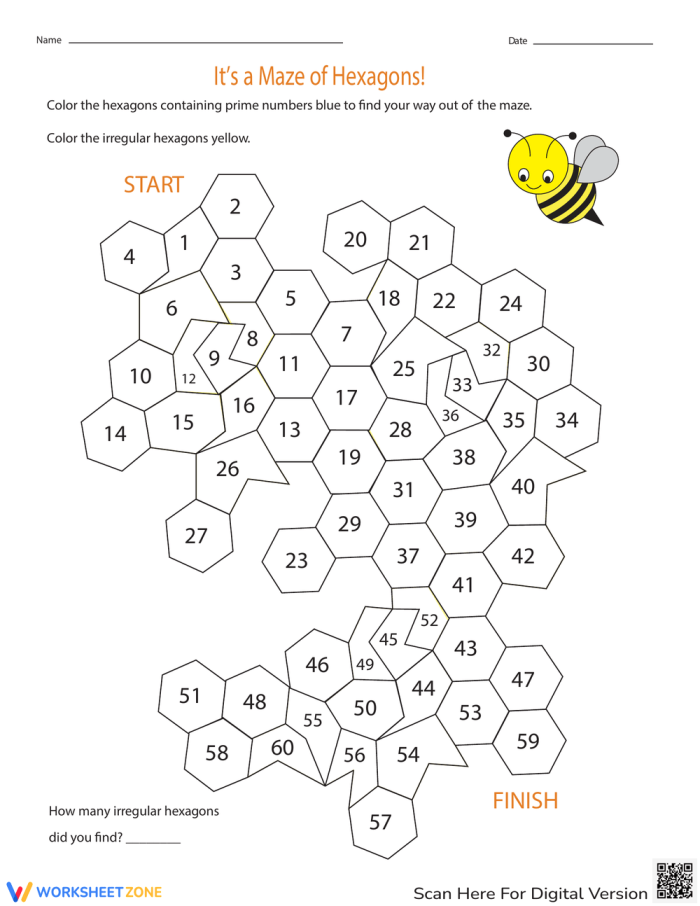 It's a Maze of Hexagons! worksheet for practicing shapes and prime numbers Worksheet featuring a hexagon maze for fourth graders to identify prime numbers and polygons